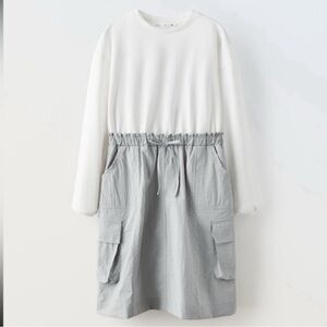 Zara Cream and Gray Long Sleeve Dress